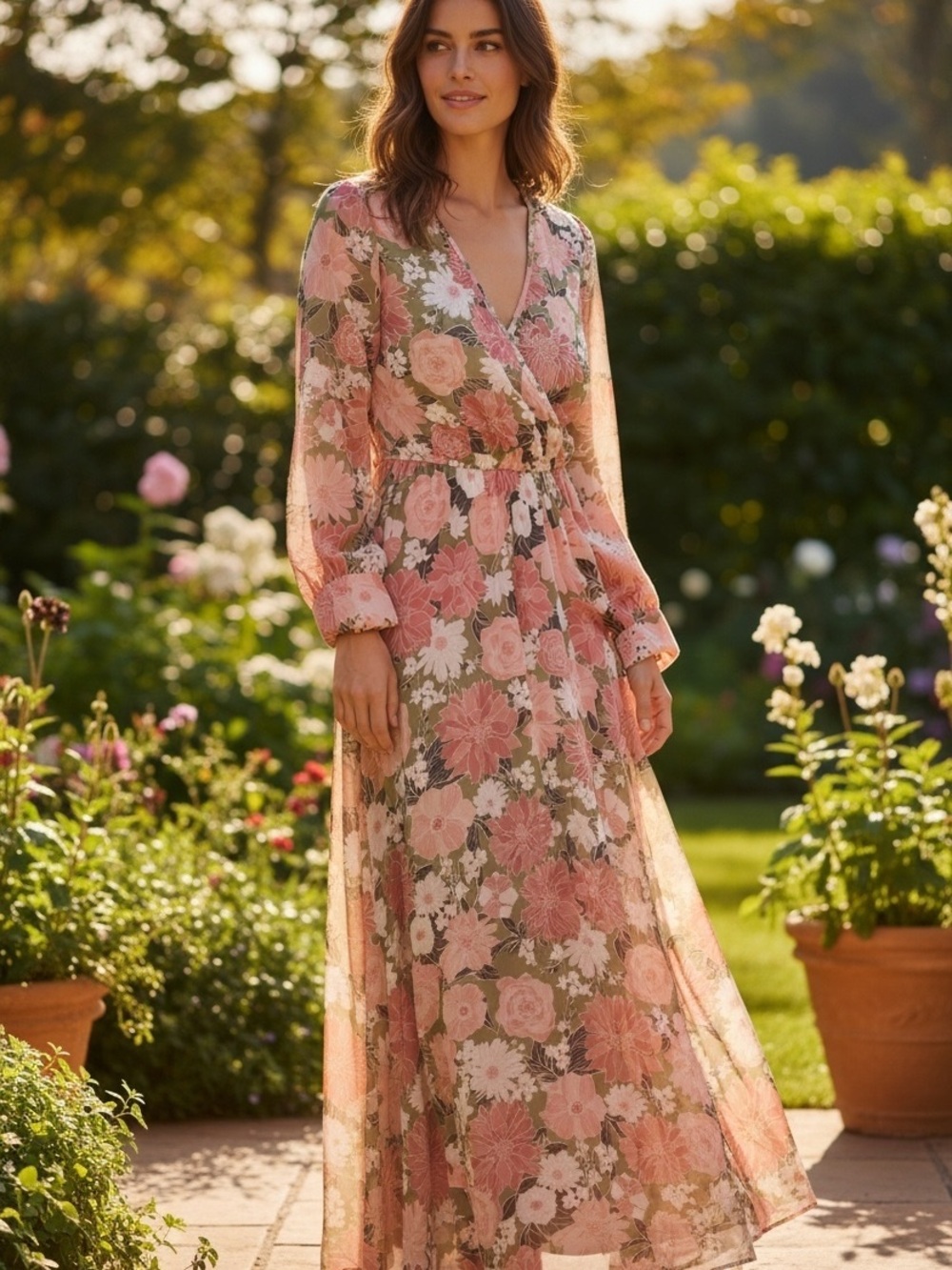 Sheer Pink Floral Maxi Wrap Dress with Long Sleeves